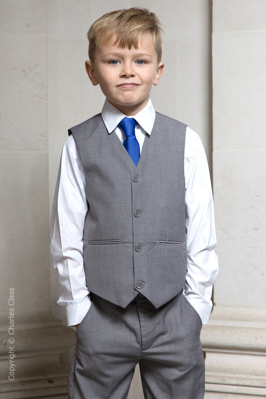 Boys Light Grey Trouser Suit with Royal Blue Tie - Thomas