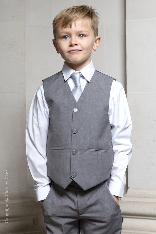 Boys Light Grey Trouser Suit with Silver Tie - Thomas
