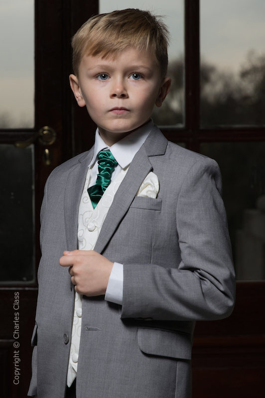 Boys Light Grey & Ivory Suit with Bottle Green Cravat - Tobias