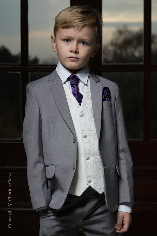 Boys Light Grey & Ivory Suit with Purple Cravat Set - Tobias