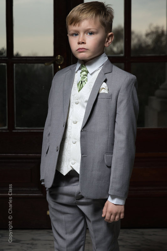 Boys Light Grey & Ivory Suit with Mustard Green Cravat - Tobias