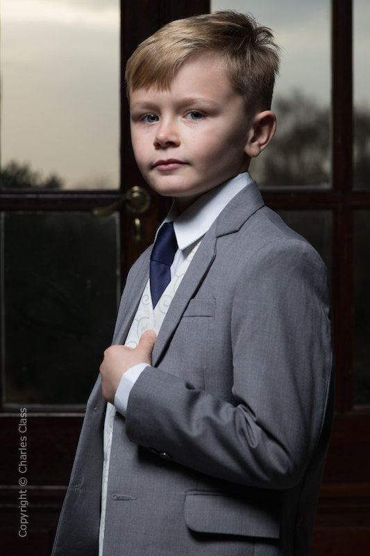 Boys Light Grey & Ivory Suit with Navy Tie - Tobias