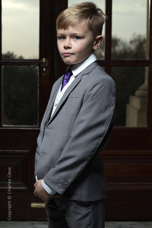 Boys Light Grey & Ivory Suit with Purple Tie - Tobias