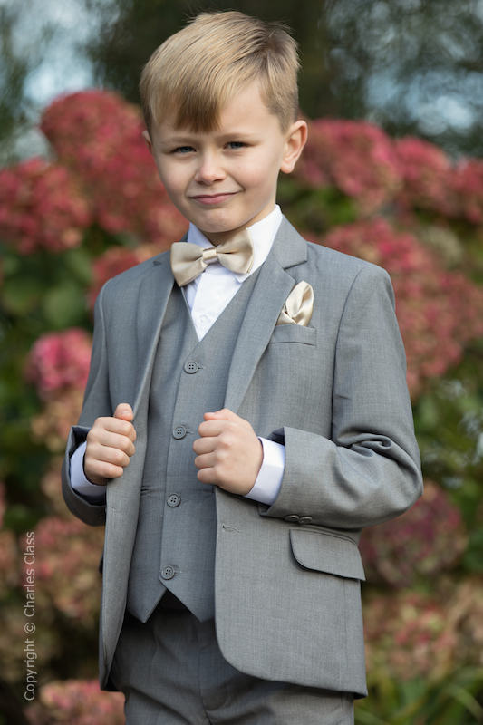 Boys Light Grey Suit with Champagne Bow & Hankie - Perry