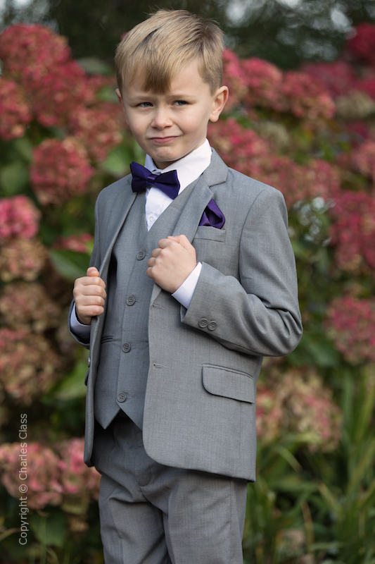 Boys Light Grey Suit with Purple Bow & Hankie - Perry