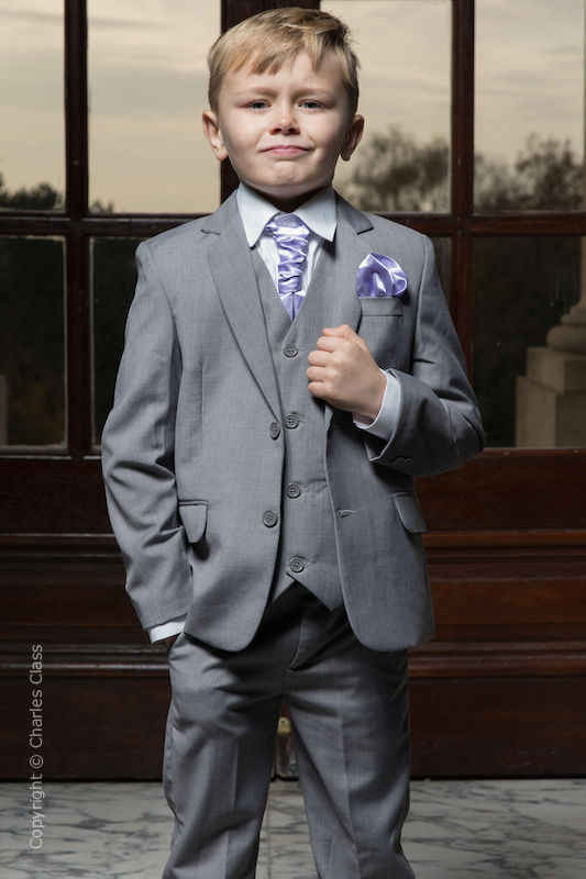 Boys Light Grey Jacket Suit with Lilac Cravat Set - Perry