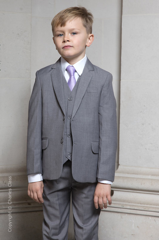 Boys Light Grey Jacket Suit with Lilac Tie - Perry