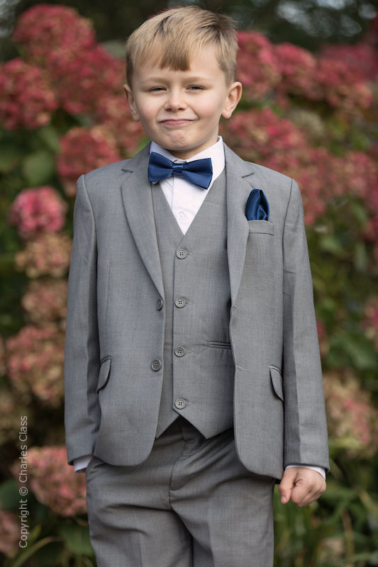 Boys Light Grey Suit with Navy Bow & Hankie - Perry