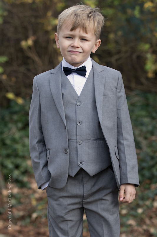 Boys Light Grey Jacket Suit with Navy Dickie Bow - Perry