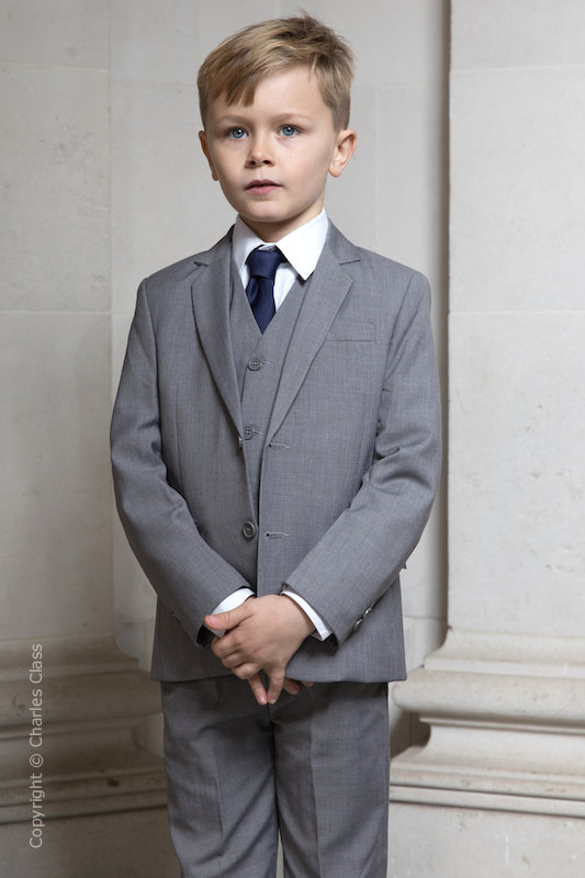 Boys Light Grey Jacket Suit with Navy Tie - Perry