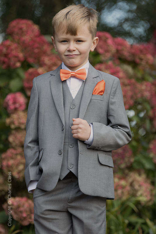 Boys Light Grey Suit with Orange Bow & Hankie - Perry