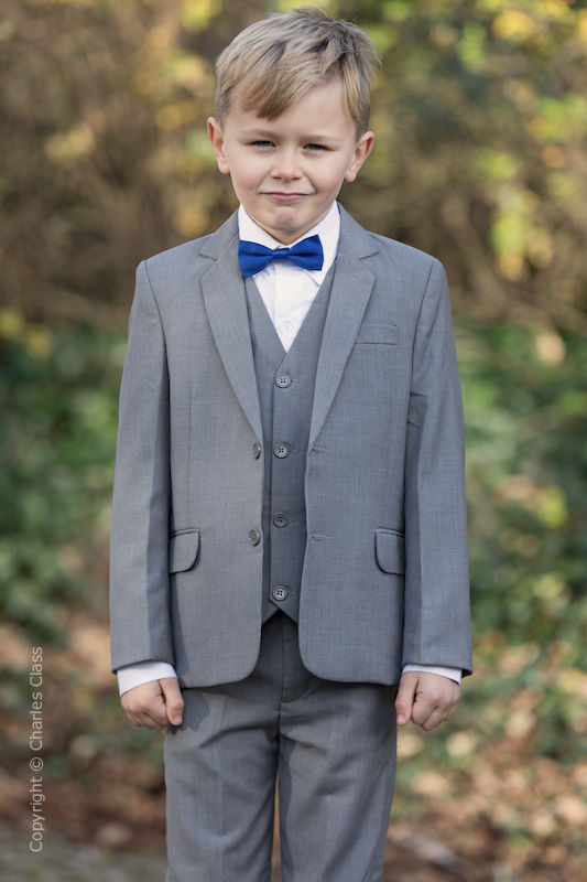 Boys Light Grey Jacket Suit with Royal Blue Dickie Bow - Perry