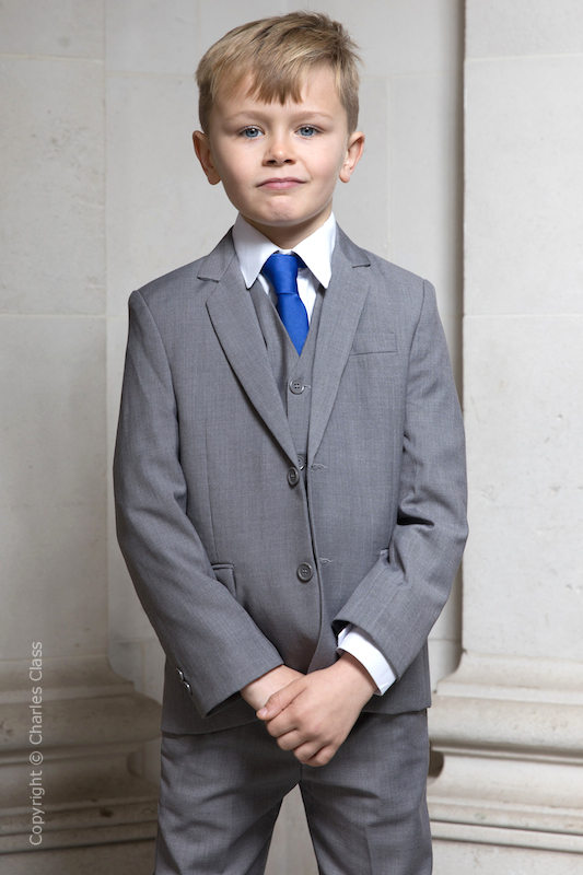 Boys Light Grey Trouser Suit with Royal Blue Tie | Boys Wedding Suit