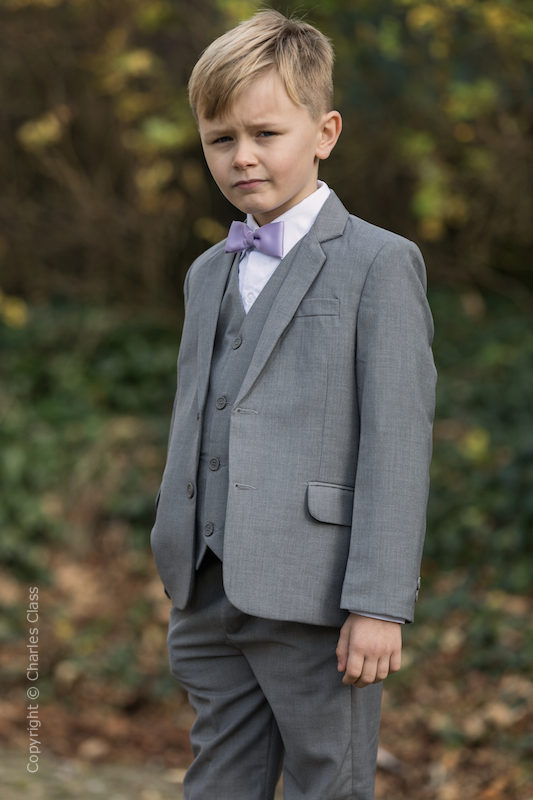 Boys Light Grey Jacket Suit with Lilac Dickie Bow - Perry