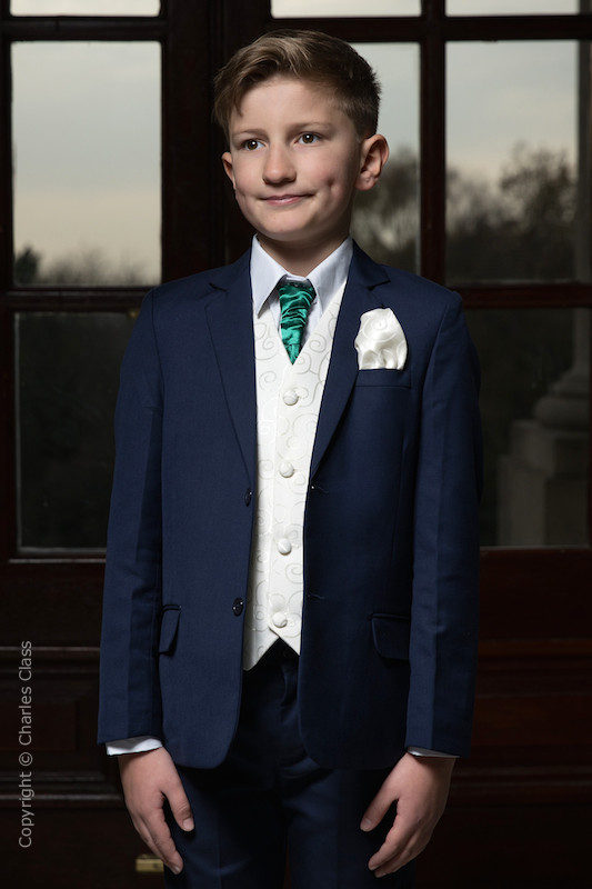 Boys Navy & Ivory Suit with Bottle Green Cravat - Jaspar