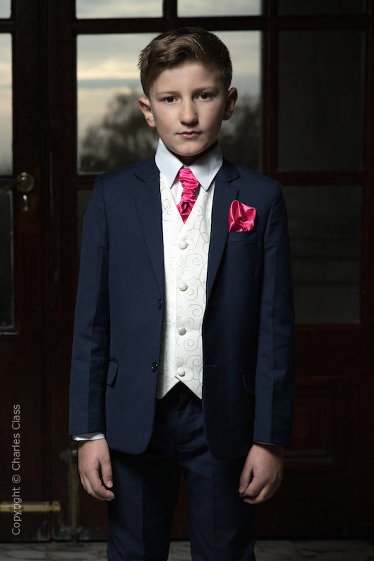 Boys Navy & Ivory Suit with Hot Pink Cravat Set - Jaspar