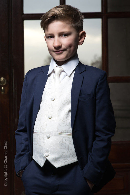 Boys Navy & Ivory Suit with Ivory Satin Tie - Jaspar