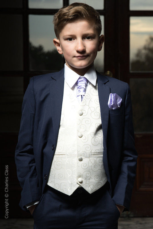 Boys Navy & Ivory Suit with Lilac Cravat Set - Jaspar