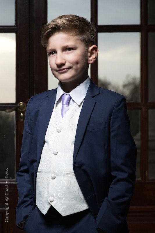 Boys Navy Ivory Scroll Wedding Suit with Burgundy Tie Charles Class