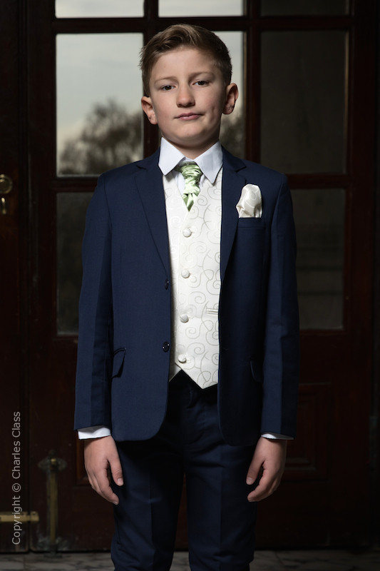 Boys Navy & Ivory Suit with Mustard Green Cravat - Jaspar