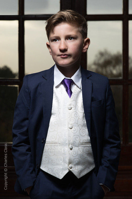 Boys Navy Ivory Wedding Suit with Ivory Satin Tie Charles Class