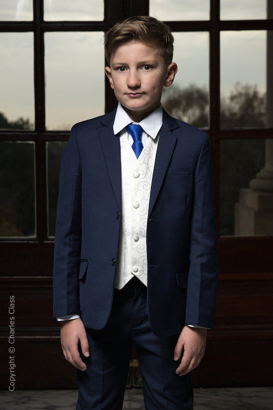 Boys Navy & Ivory Suit with Royal Blue Tie - Jaspar
