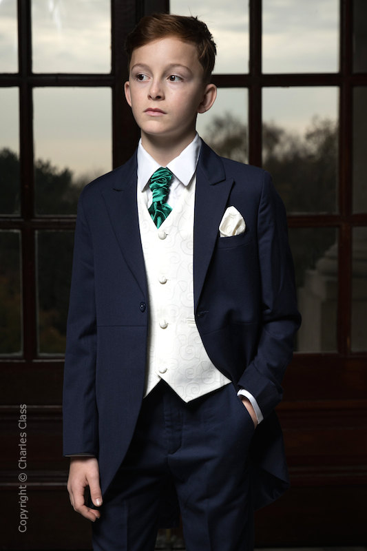 Boys Navy & Ivory Tail Suit with Bottle Green Cravat - Darcy