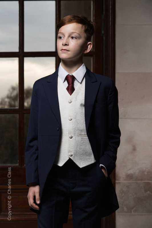 Boys Navy & Ivory Tail Suit with Burgundy Tie - Darcy