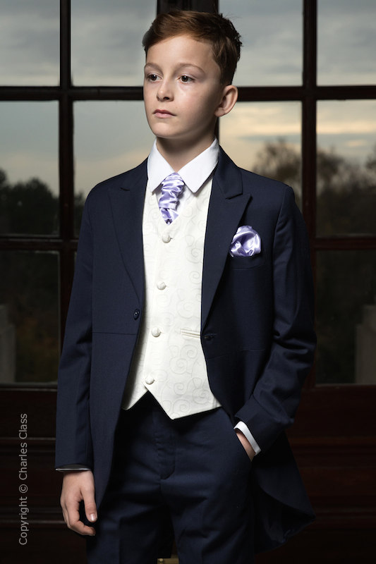 Boys Navy & Ivory Tail Suit with Lilac Cravat Set - Darcy