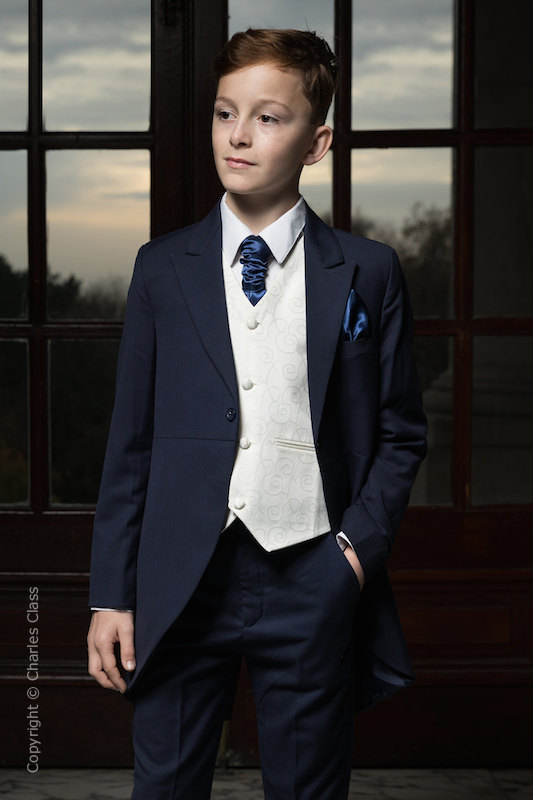 Boys Navy & Ivory Tail Suit with Navy Cravat Set - Darcy