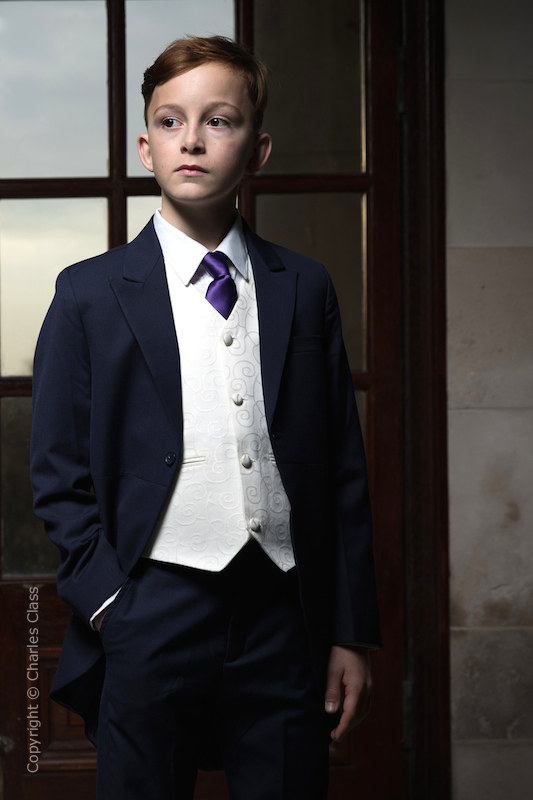Boys Navy & Ivory Tail Suit with Purple Tie - Darcy