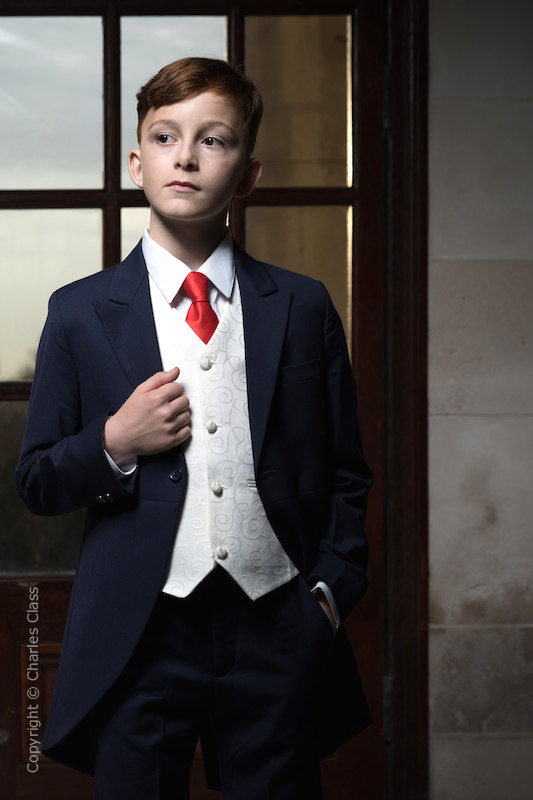 Boys Navy & Ivory Tail Suit with Red Tie - Darcy