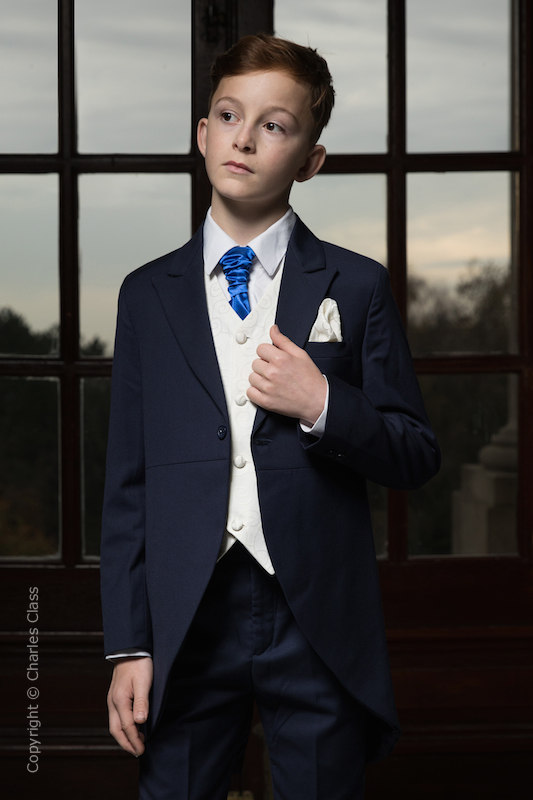 Boys Navy & Ivory Tail Suit with Royal Blue Cravat - Darcy