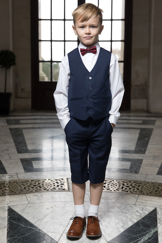 Boys Navy Shorts Suit with Burgundy Dickie Bow - Leo