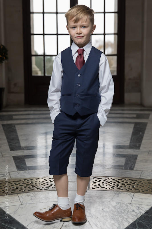 Boys Navy Shorts Suit with Burgundy Tie - Leo