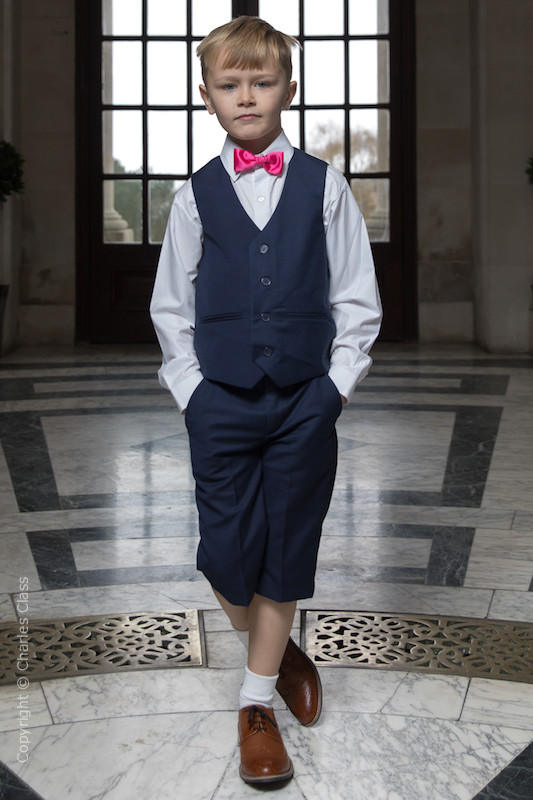 Boys Navy Shorts Suit with Hot Pink Dickie Bow - Leo