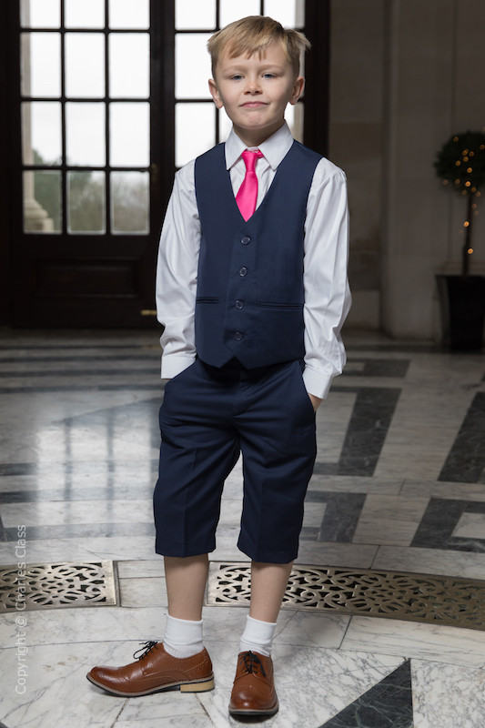 Boys Navy Shorts Suit with Hot Pink Tie - Leo