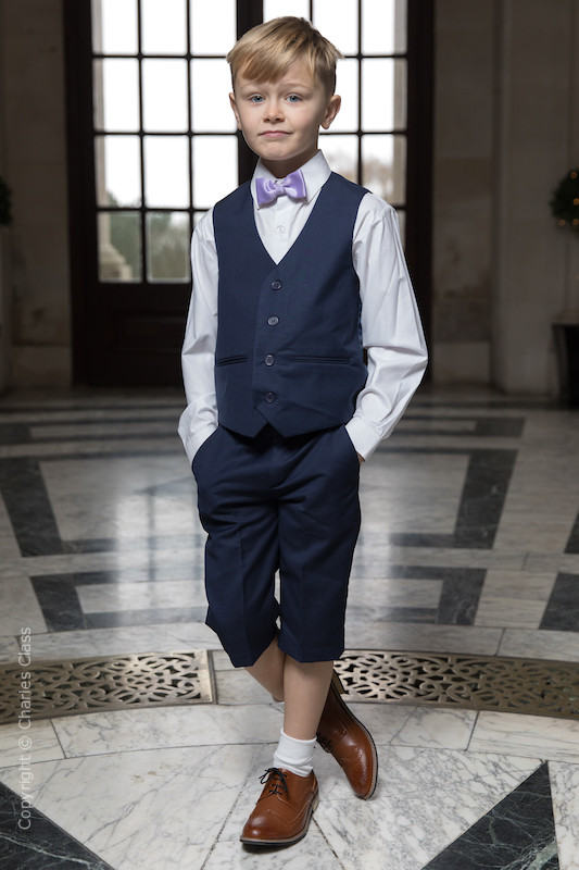 Boys Navy Shorts Suit with Lilac Dickie Bow - Leo
