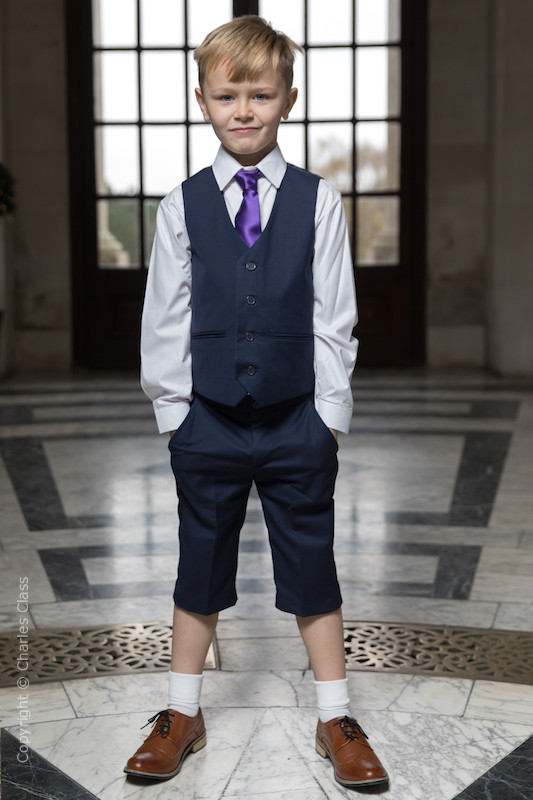 Boys Navy Shorts Suit with Purple Tie - Leo