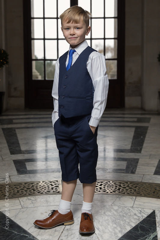 Boys Navy Shorts Suit with Royal Blue Tie - Leo