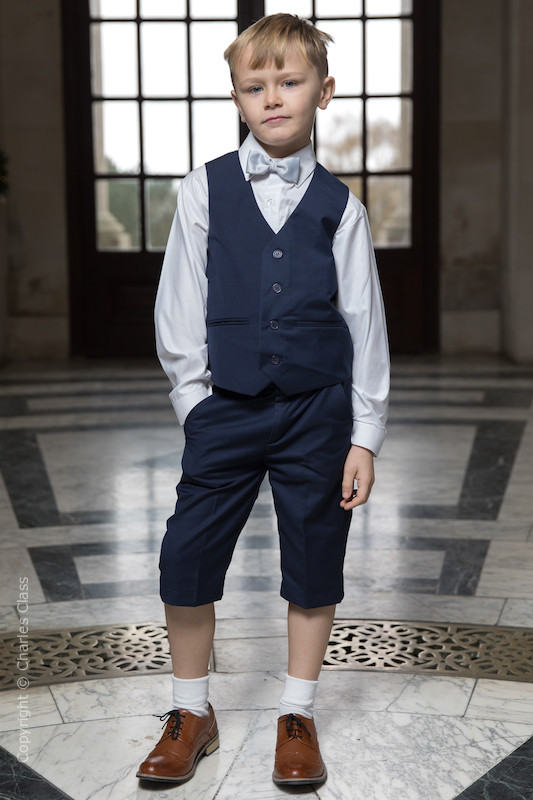 Boys Navy Shorts Suit with Silver Dickie Bow - Leo