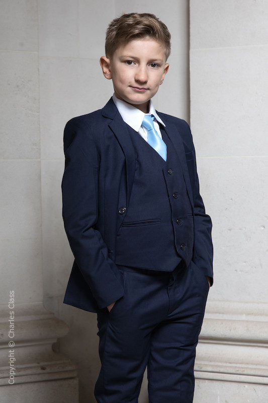 Boys Navy Suit with Sky Blue Tie - Stanley
