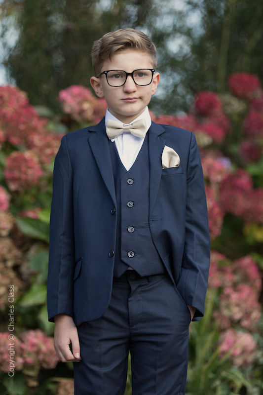 Boys navy wedding suit with purple dickie bow tie boys wedding suit