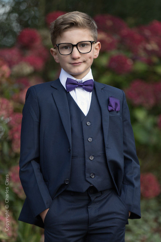 Boys Navy Suit with Purple Bow & Hankie - Stanley