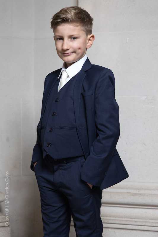 Boys Navy Suit with Ivory Satin Tie - Stanley
