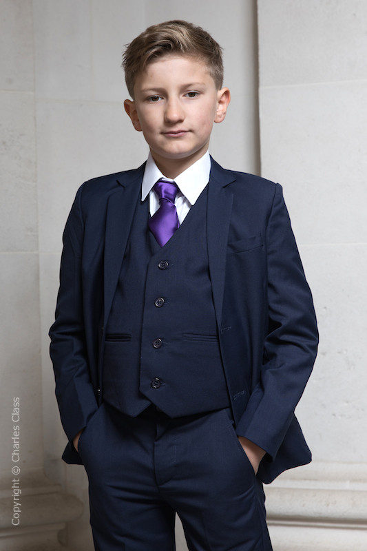 Boys navy jacket wedding suit with lilac satin tie charles class