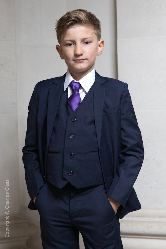 Boys Navy Suit with Purple Satin Tie - Stanley