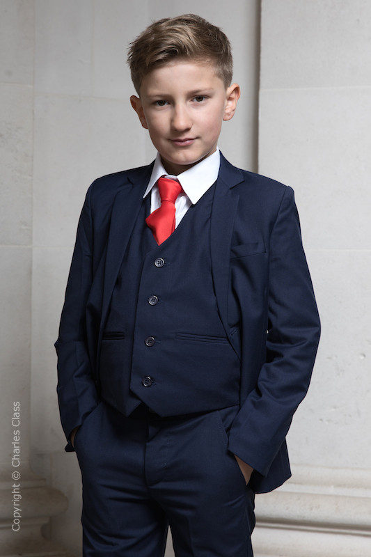 Boys Navy Suit with Red Satin Tie - Stanley