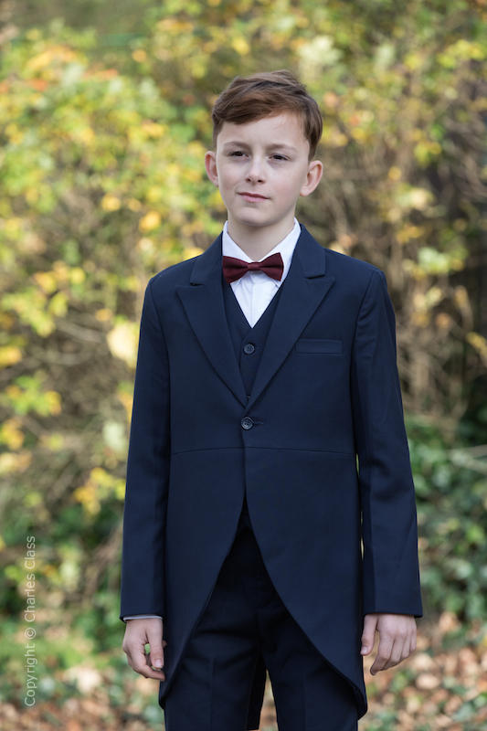 Boys Navy Tail Coat Suit with Burgundy Bow Tie - Edward