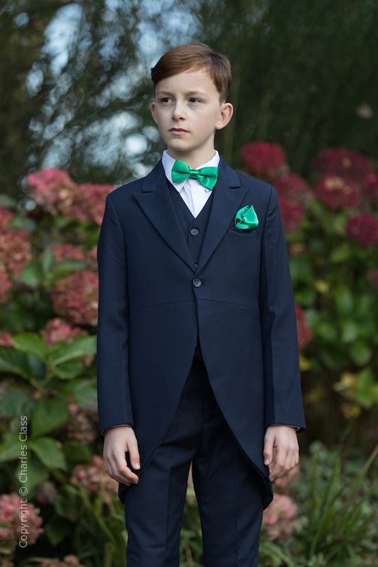 Boys Navy Tail Coat Suit with Emerald Green Dickie Bow Set - Edward